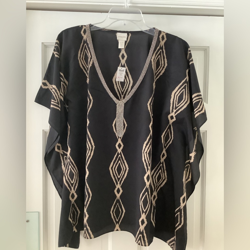 Chicos brown black  print caftan. NWT. Size S/M. Rhinestone neck trim.